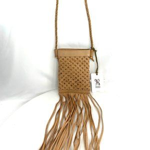HOBO International Mist Lattice Weave Taupe Leather Mini Crossbody Bag Fringe
